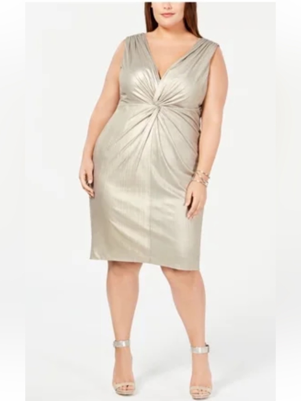 NWT Calvin Klein Metallic Twist-Front Sleeveless Cocktail Dress - Silver 16W